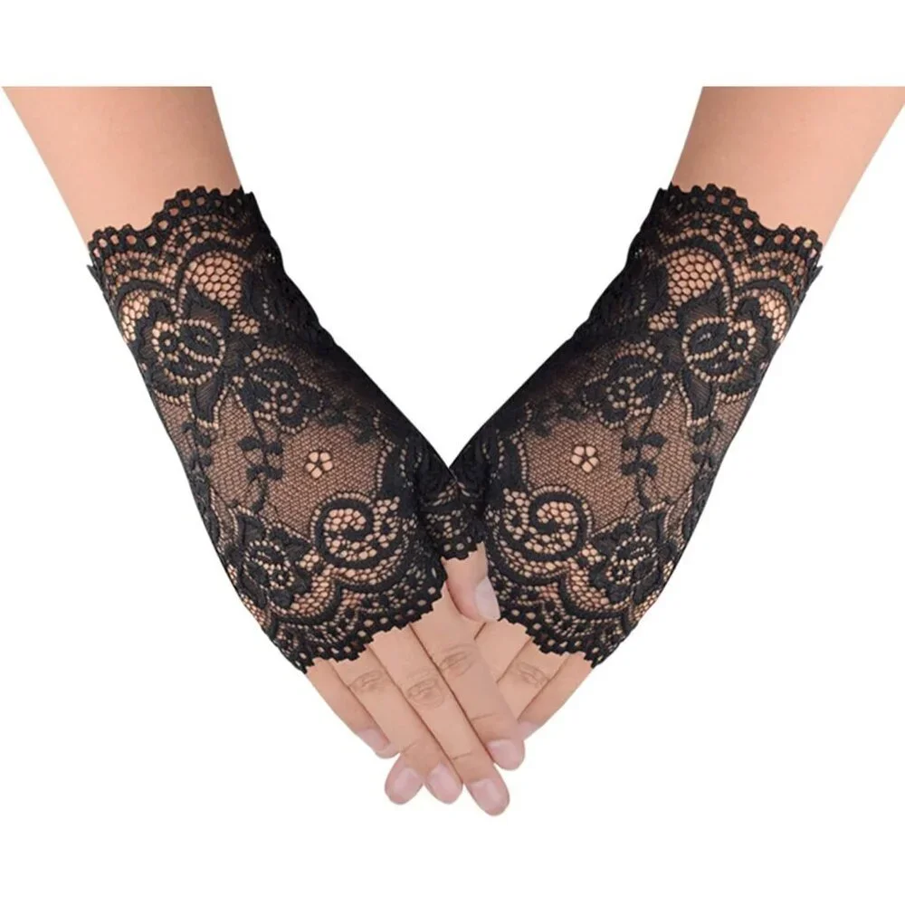 Women's 2 Pair Black Lace Fingerless Gloves Party Prom Costume Accessories